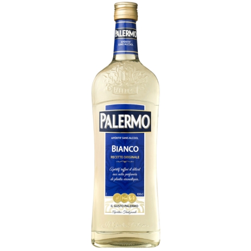 1-litre bottle of Palermo Bianco Alcohol-Free Aperitif, with a light-coloured liquid and an elegant label suggesting an Italian style, clearly marked "Alcohol Free."