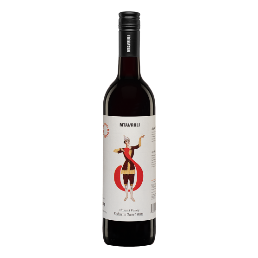 Bottle of Georgian Alazani Valley Semi-sweet Red Wine 750ml, featuring a label that reflects its Georgian origin and the vibrant red colour of the wine.