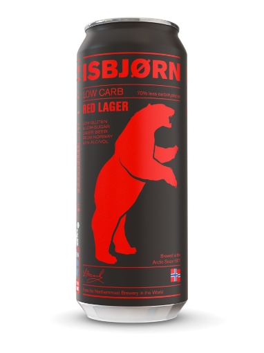 24-can case of Isbjorn Red Lager Low Carb 500ml cans, featuring polar bear branding and "SUPER DEAL" prominently displayed.