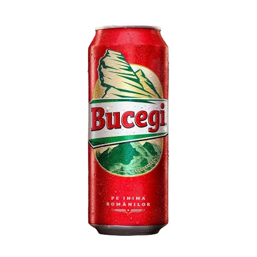 Bucegi Beer 500ml can, featuring distinctive Romanian branding and mountain imagery.