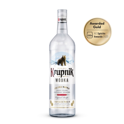 1-litre bottle of Krupnik Vodka 40%, with its classic label and clear liquid, suggesting its Polish origin.