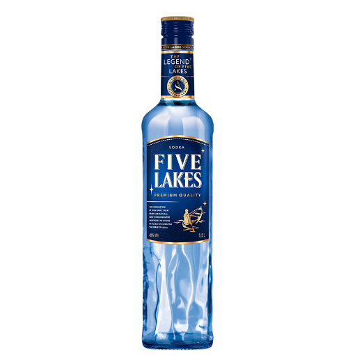 Premium Five Lakes Vodka bottle (500ml) in blue glass, featuring the boatman legend logo.