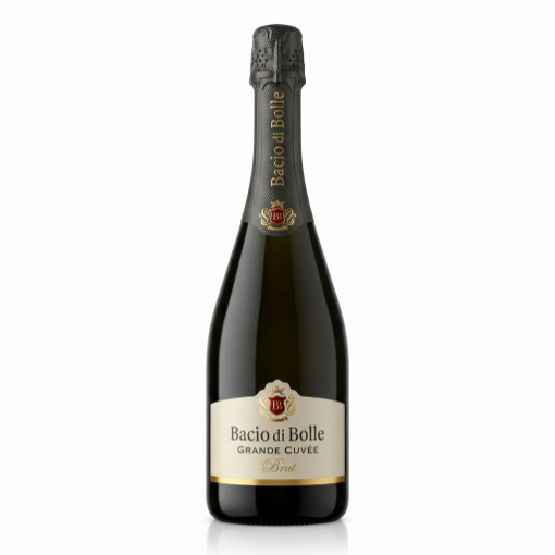 Bacio di Bolle Brut Grand Cuvée Sparkling Wine 750ml bottle, with elegant label and pale golden liquid.